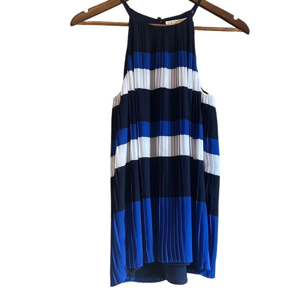 Michael Kors Pleated Striped Halter Neck Top XS Blue White Black